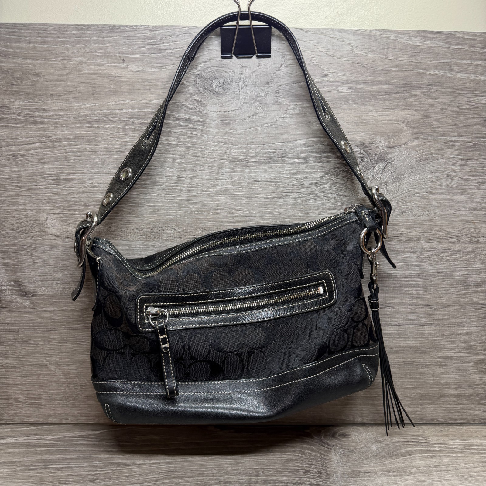 Vintage Coach 9363 Signature Canvas East West Hobo Shoulder Bag Black Y2K READ