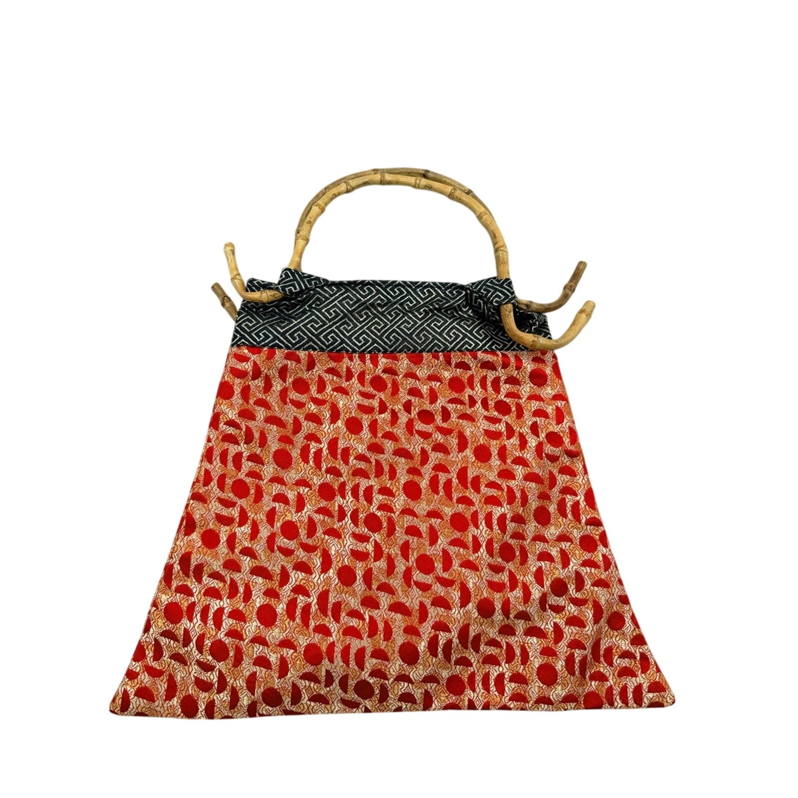 Red and Gold Patterned Handbag with Bamboo Handle
