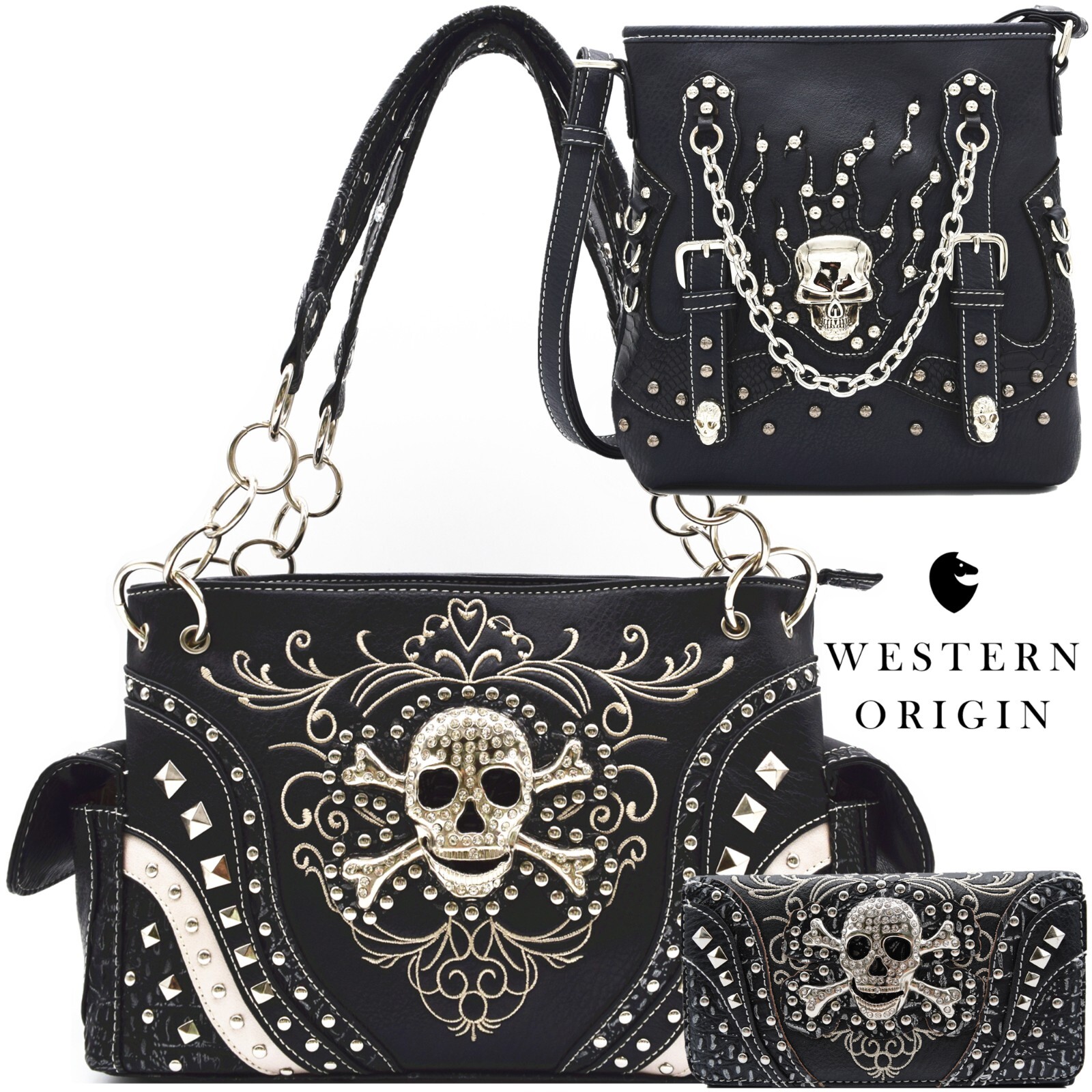 Punk Gothic Skull Crossbone Goth Purse Women Shoulder Bag Crossbody Wallet Black