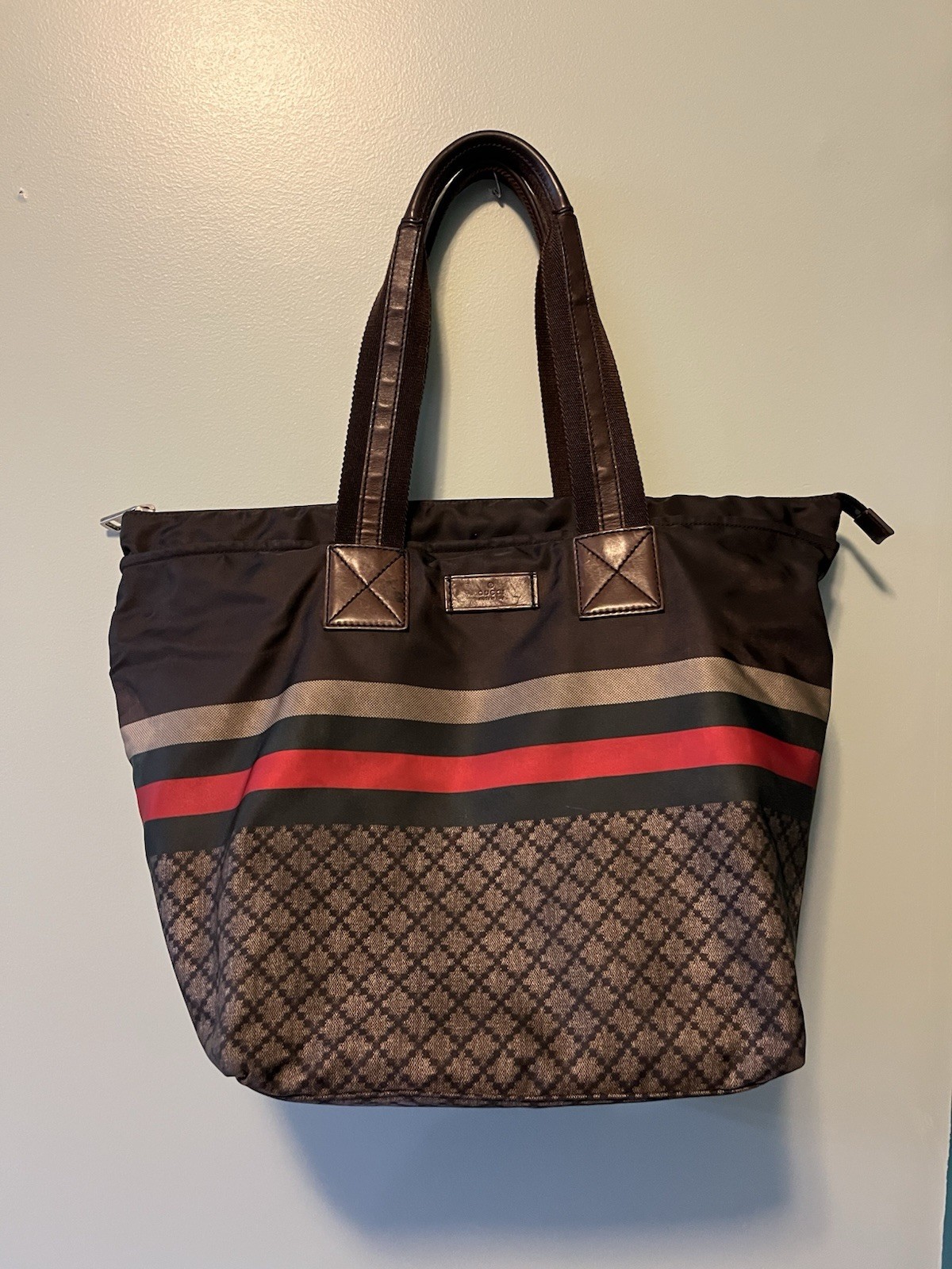 GUCCI Brown/Black Nylon Monogram Web Stripe Zip Top Tote Bag Silver Hardware