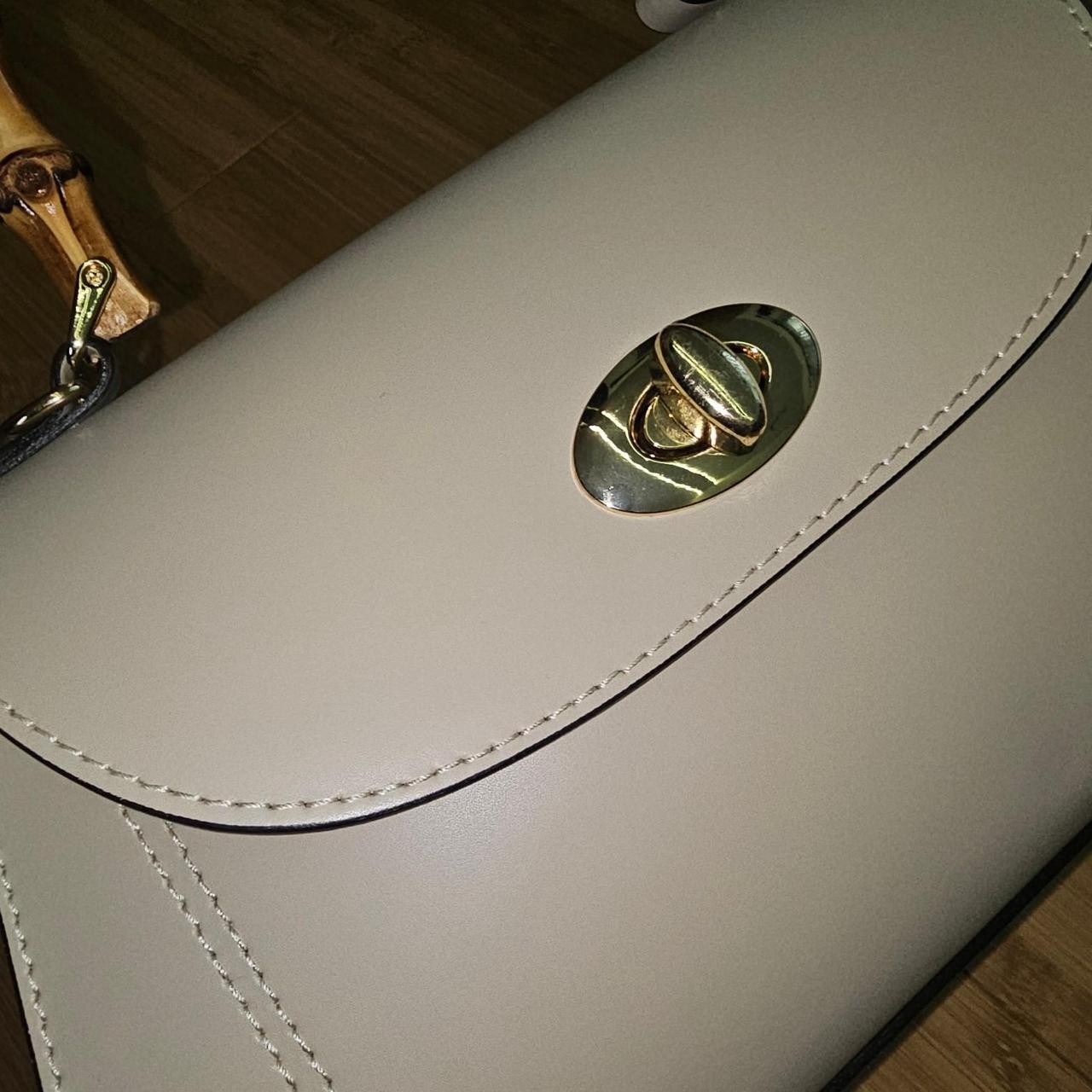 Divina Firenze Beige Satchel Top Handle Bamboo Turn-Lock Strap Pockets