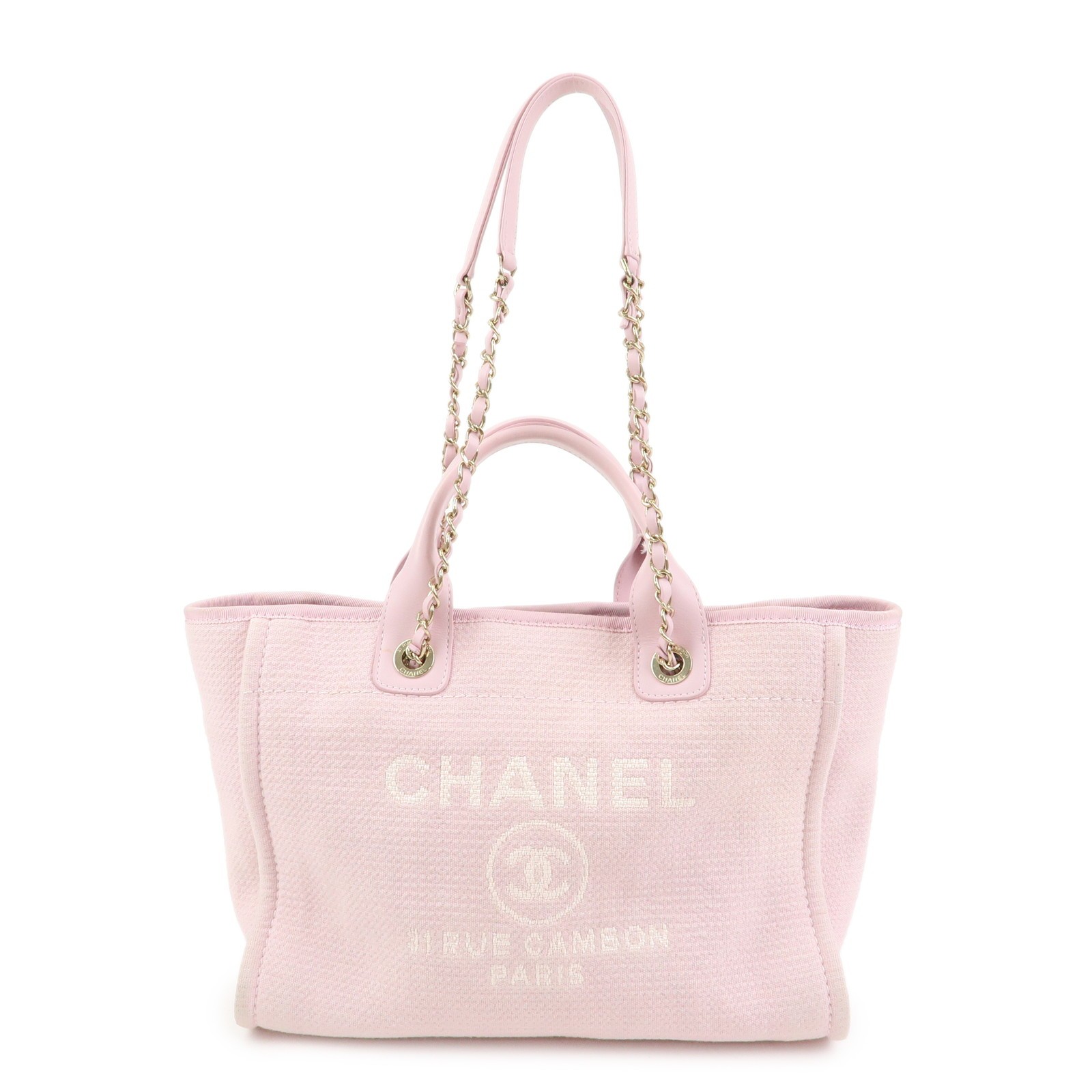 CHANEL Deauville MM Canvas Leather Tote Bag Shoulder Bag A67001 Auth Used F/S