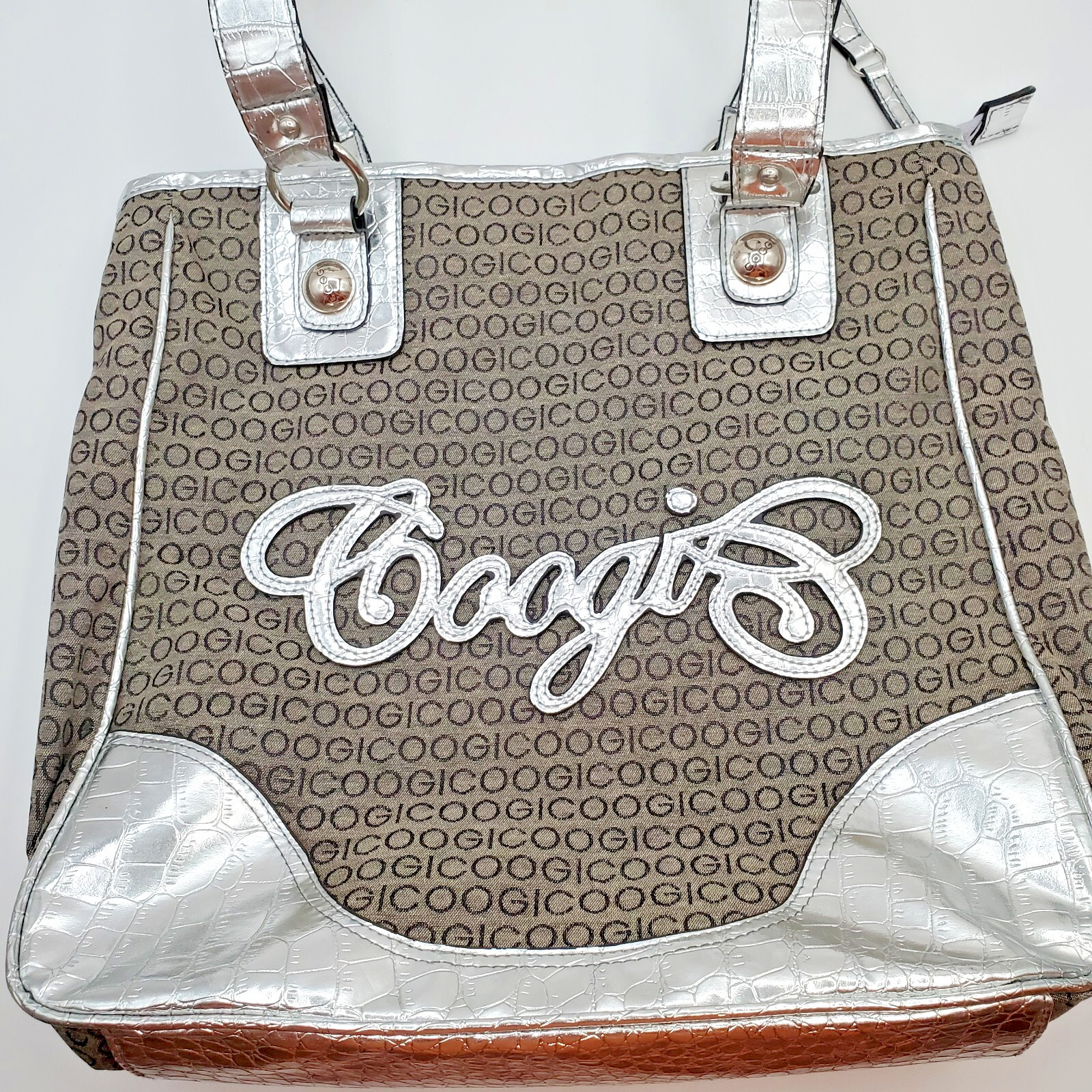 Coogi Tote Bag 13in Shoulder Purse Silver Metallic Spell Out Brown Canvas Mirror