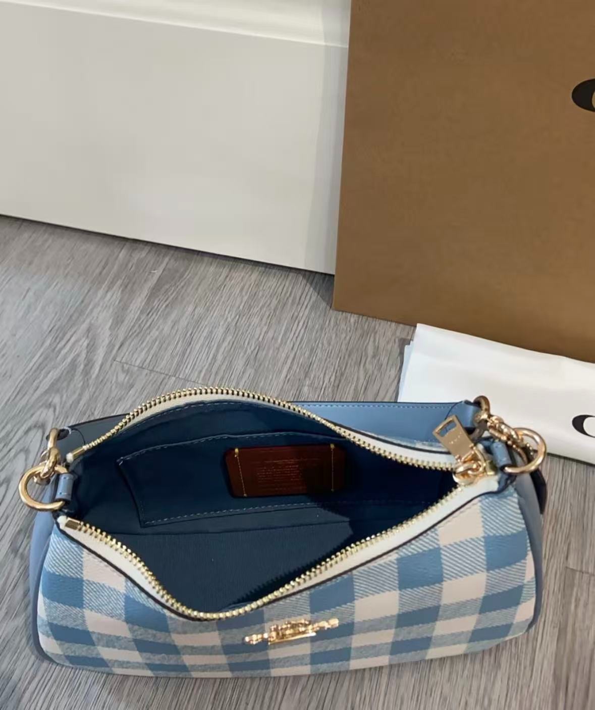 Coach Teri 25 Gingham Check Shoulder Bag Blue White Canvas Handbag