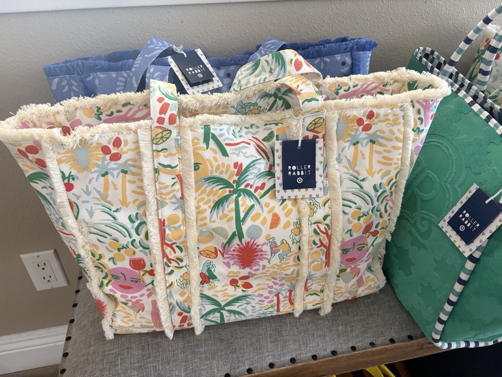 Roller Rabbit x Target Yellow Green Floral Tote Fringe Vacation Bag Women