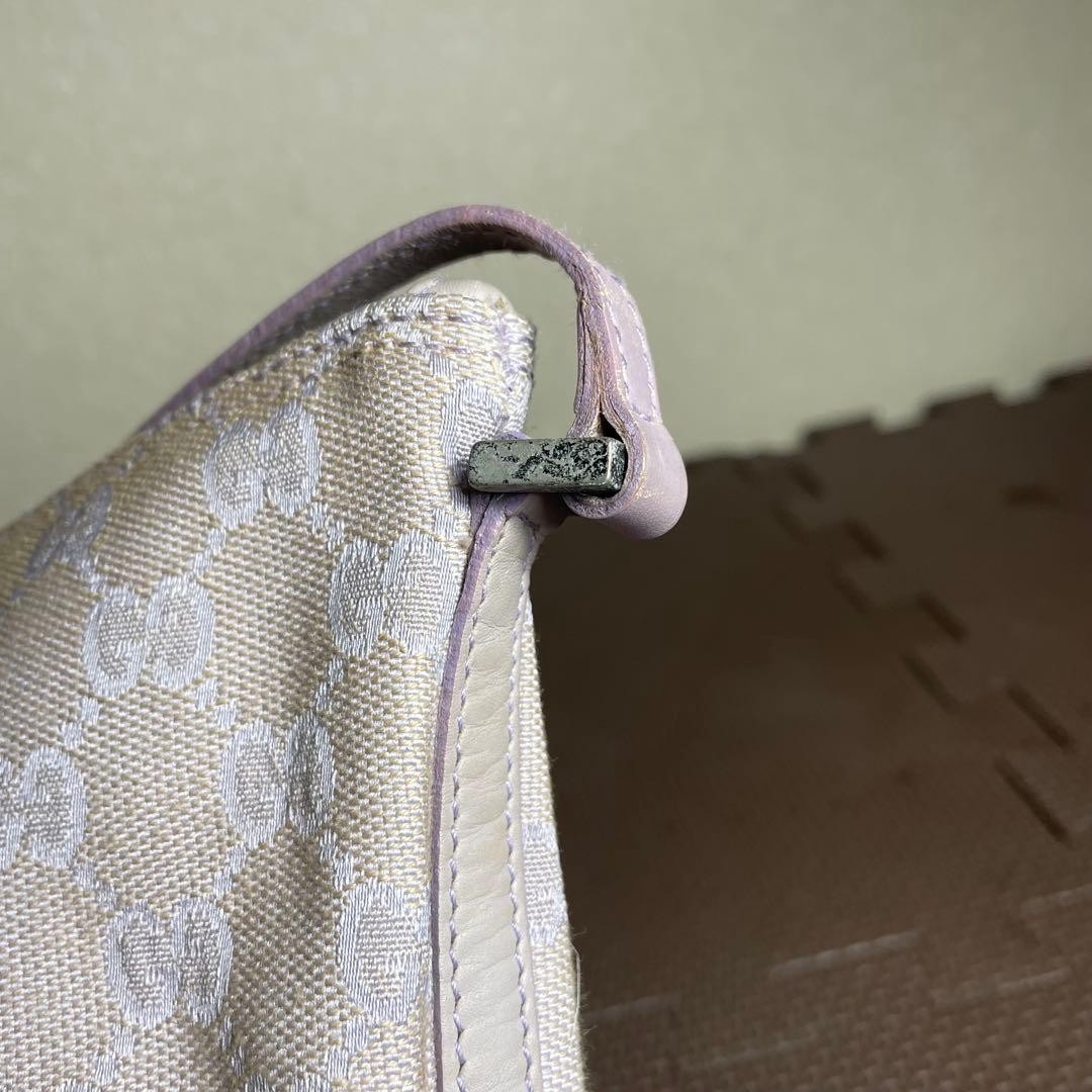 GUCCI GG Shoulder Hand Bag Ziplock Leather Canvas Lavender Silver Hardware Japan