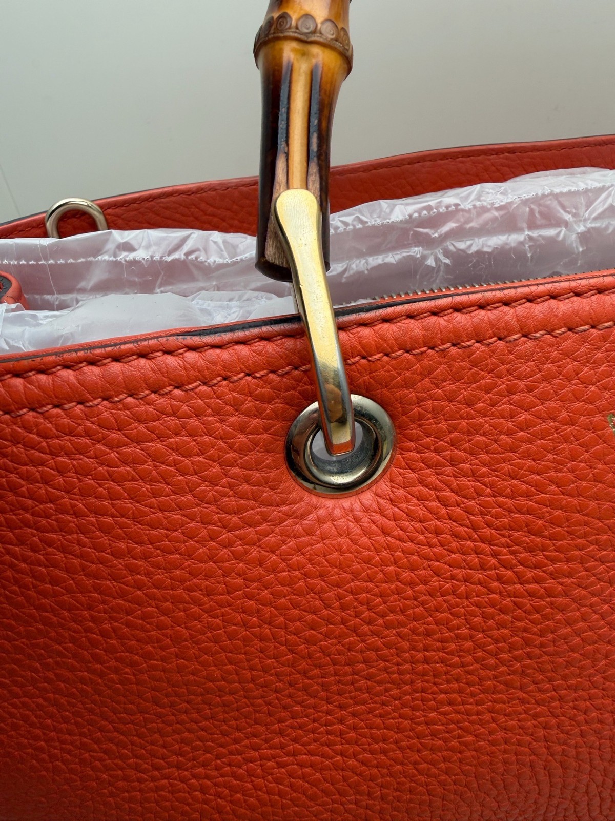 Gucci Bamboo Series Medium Orange Pebbled Cowhide Tote Handbag US Ship