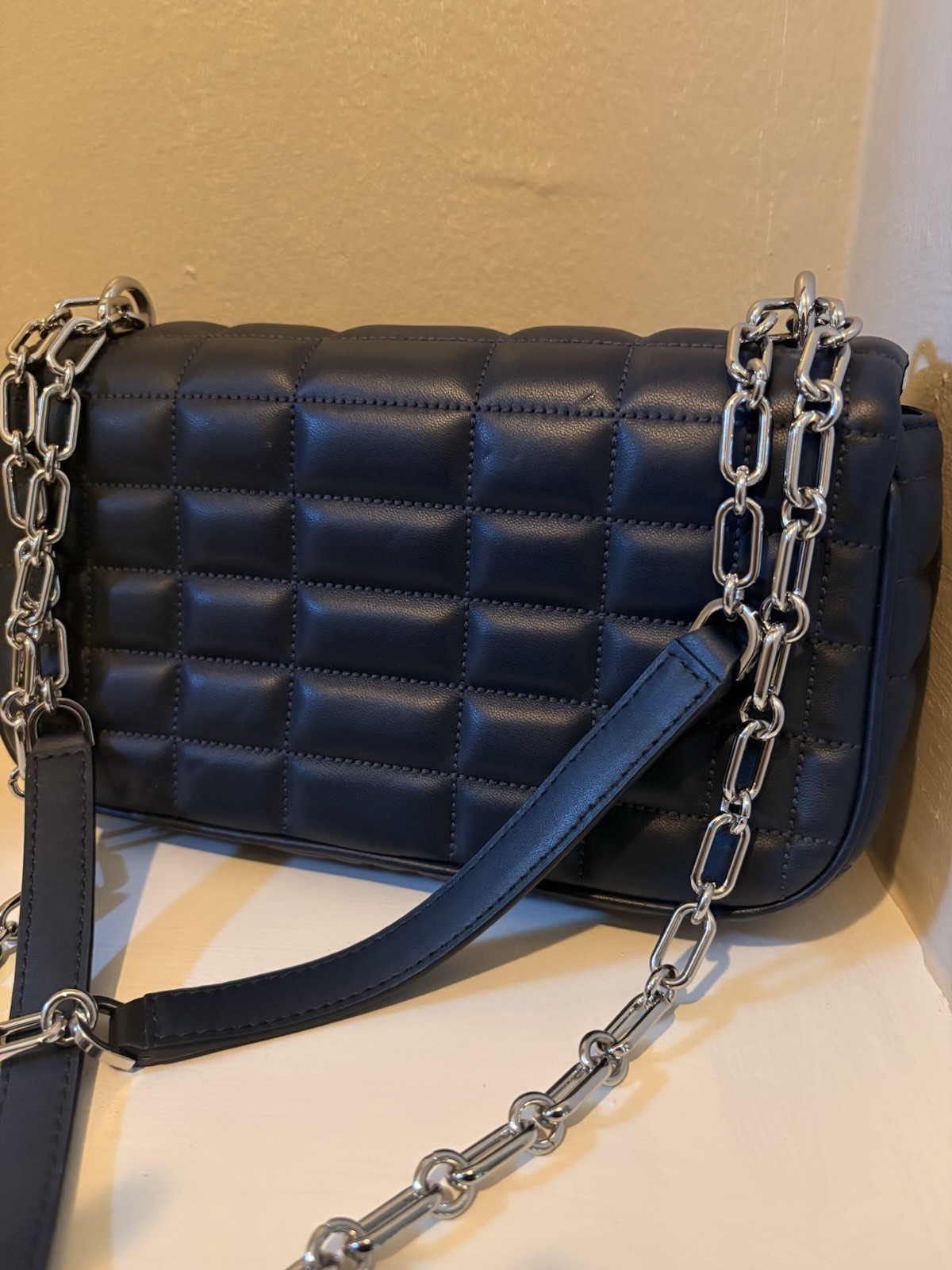 Michael Kors Navy Blue Crossbody Bag Push Lock, Silver Hardware, Chain, Lined