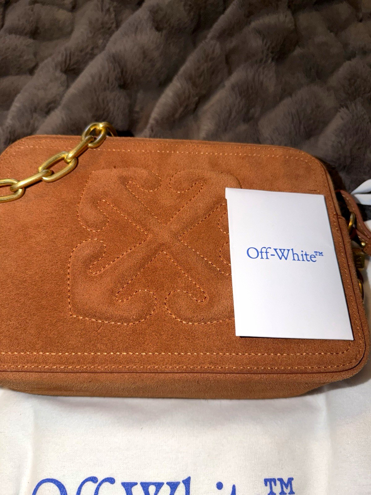 Off-White Brown Logo Crossbody Bag Gold Chain Strap Adjustable, Dust Bag
