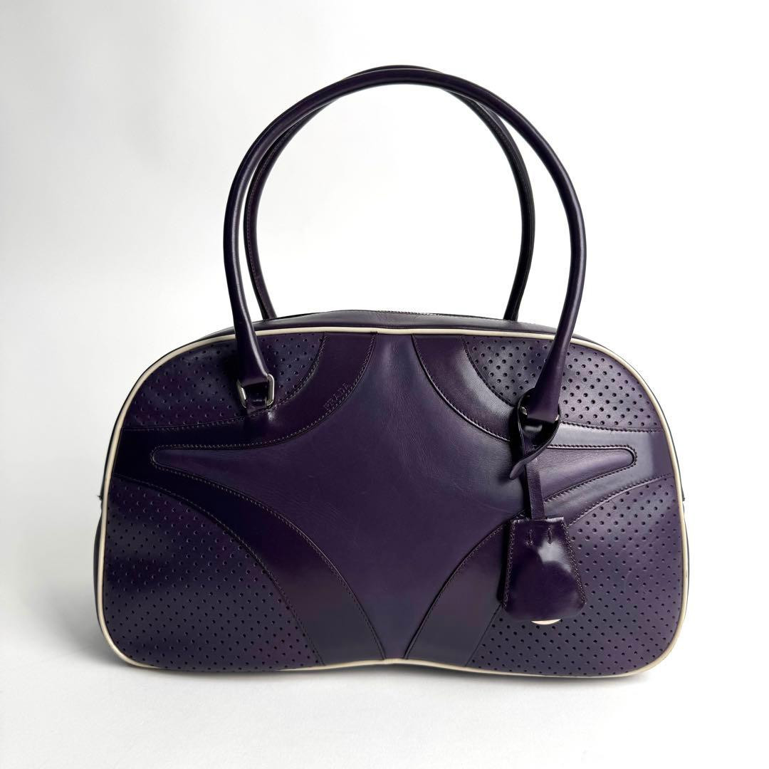 PRADA Archive Leather Bowling Bag Handbag Purple White Stitching Y2K Authentic