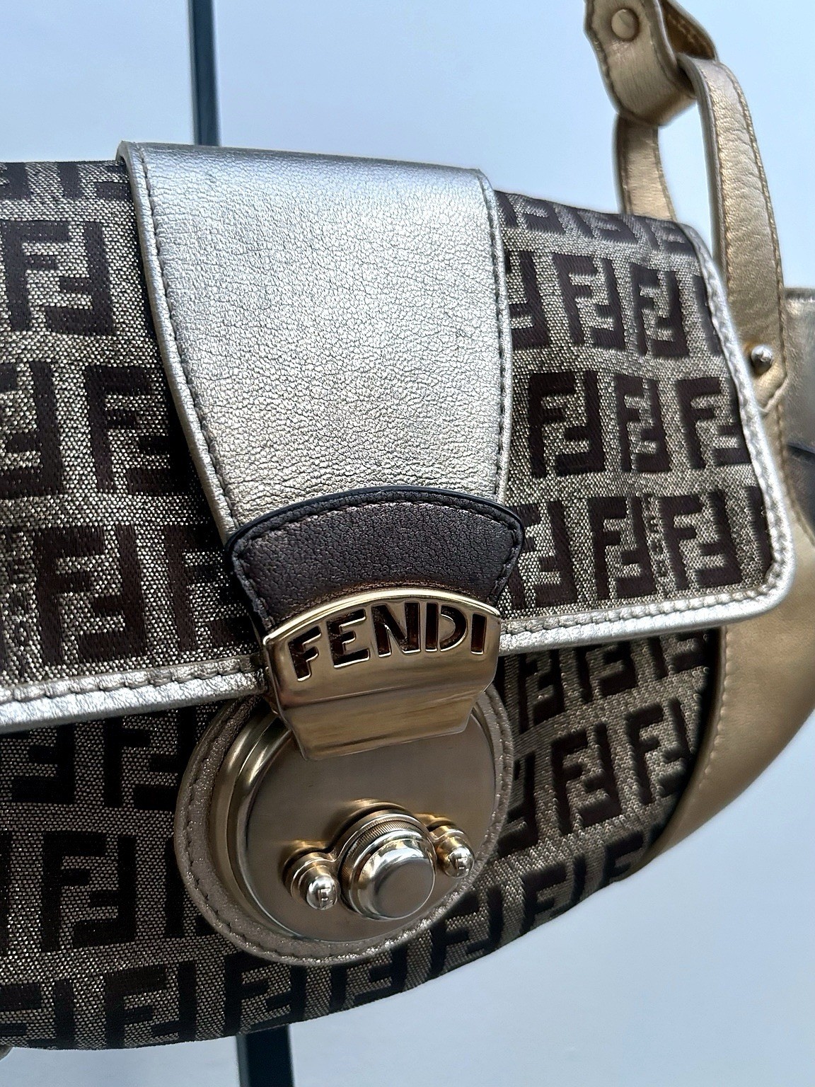 FENDI Vintage Zucca FF Metallic Gold Canvas Shoulder Bag Baguette Y2K Authentic