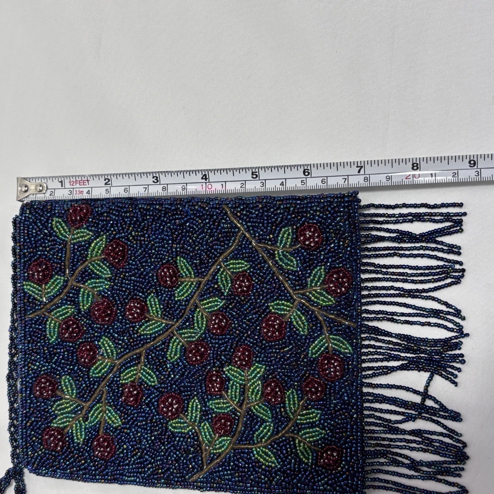 Ermo Beaded Fringe Crossbody Purse Bag Blue Red Green Cherry Flowers Cherries
