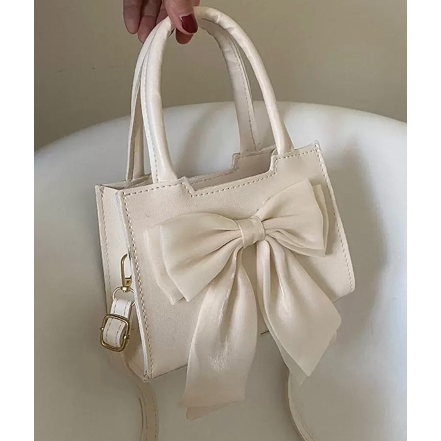 Cream Mini Tote Bag with Oversized Organza Bow Coquette Aesthetic Handbag