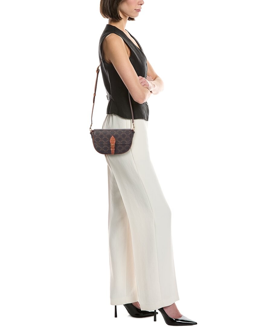 Celine Folco Triomphe Coated Canvas & Leather Shoulder Bag Women’s Brown
