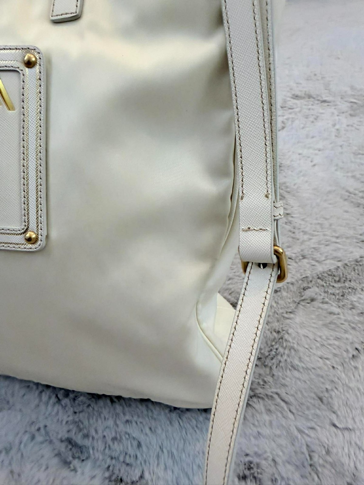 PRADA Tessuto Nylon Logo Tote Bag White Saffiano Leather Trim Shoulder AUTHENTIC