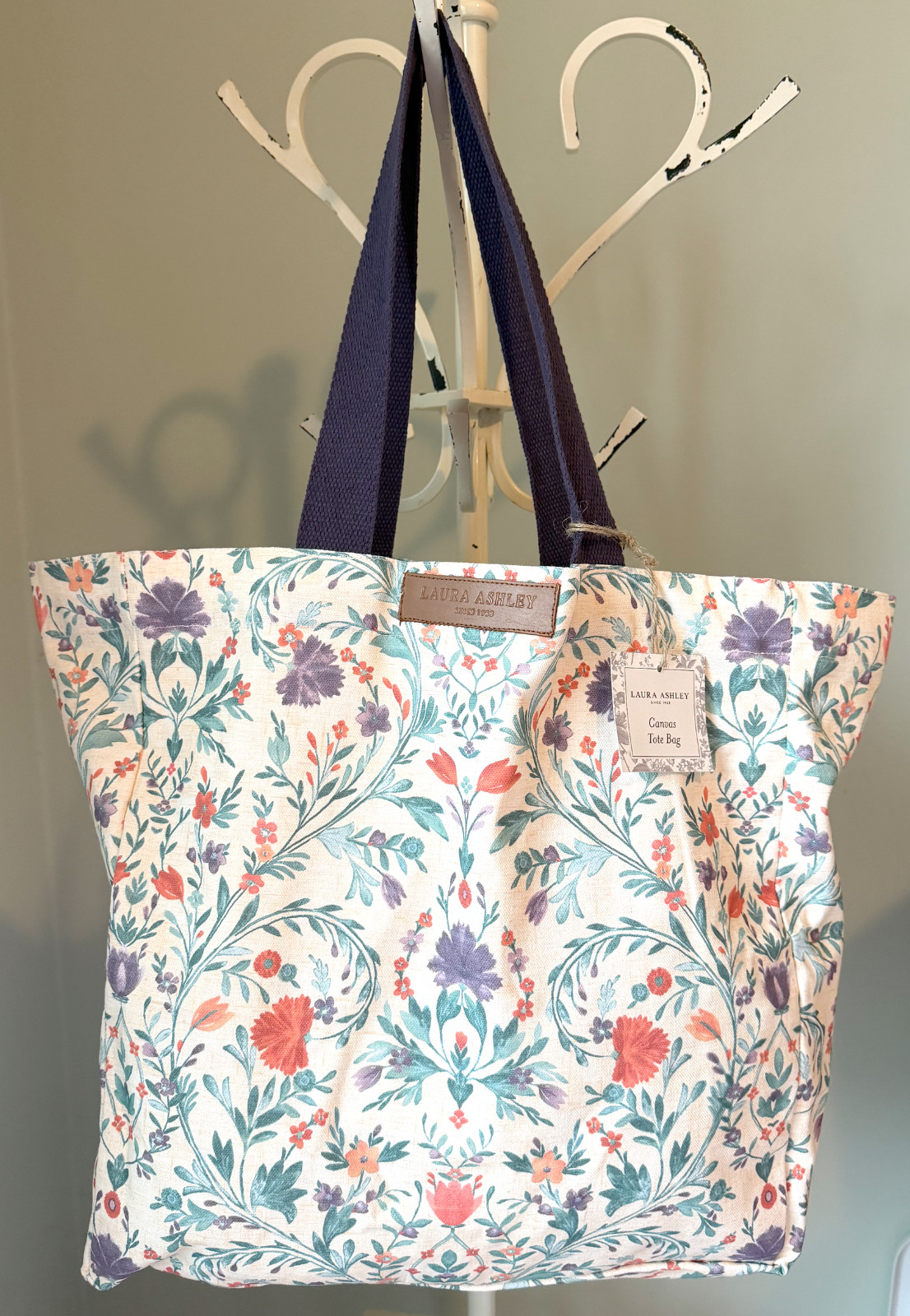 Laura Ashley Floral Motif Canvas Tote Cream Dk Purple Straps Cottagecore NWT