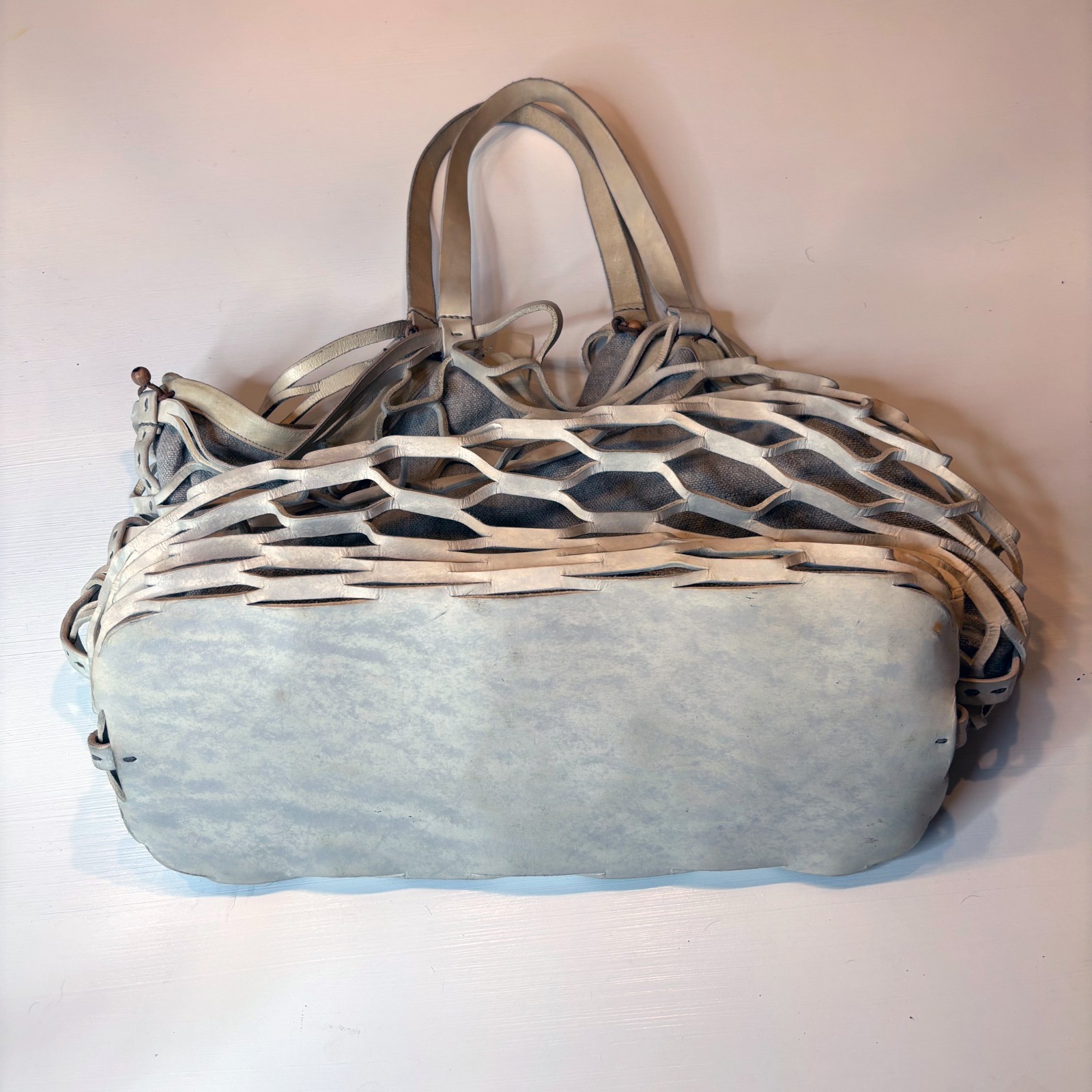 Henry Cuir Bag Persil Dingo Large Tote Beige Leather Net Overlay Italy Handmade