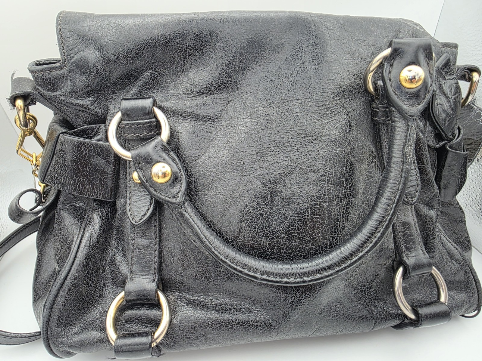 Miu Miu Vitello Lux Bow Bag Black Leather 2WAY Crossbody Y2K Vintage