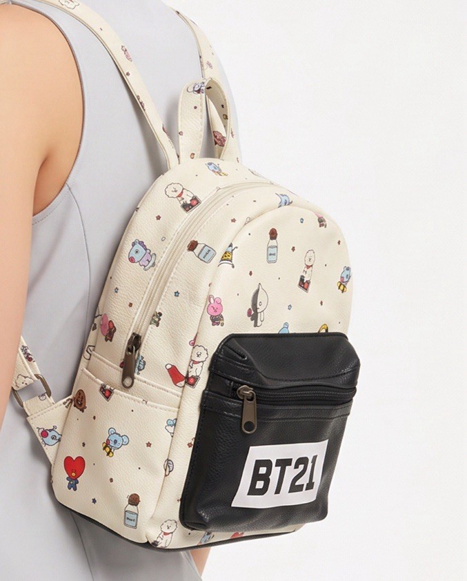 bts bt21 Mini Faux-Leather Backpack All over Character Print White