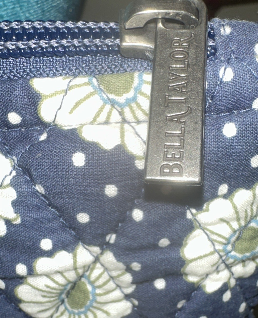 Bella Taylor Small Tote Dotted Daisy Navy Shoulder Quilted Cotton Logo Zipper EC