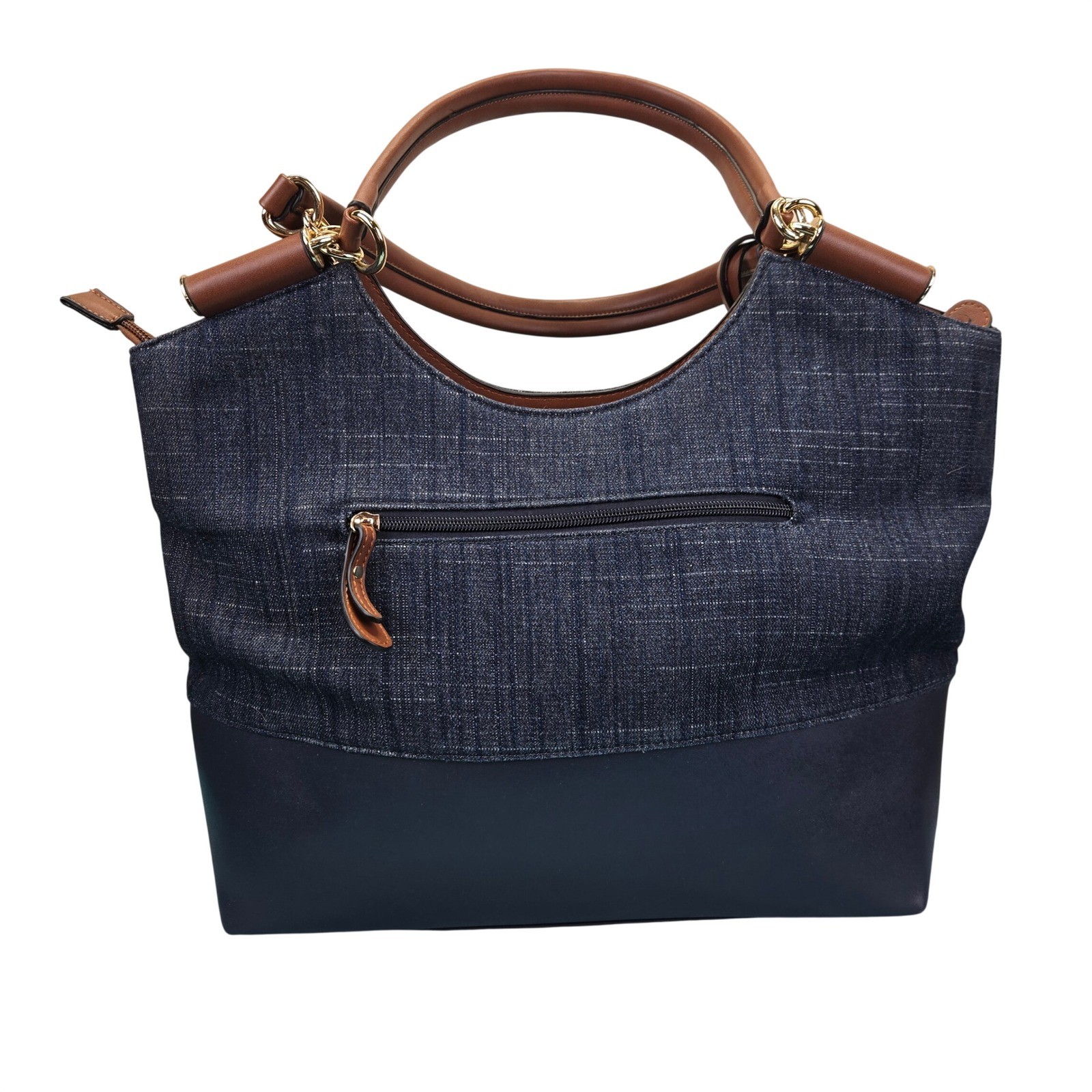 M London Denim Faux Leather Tote Shoulder Bag Navy Blue Brown Gold Accent Office