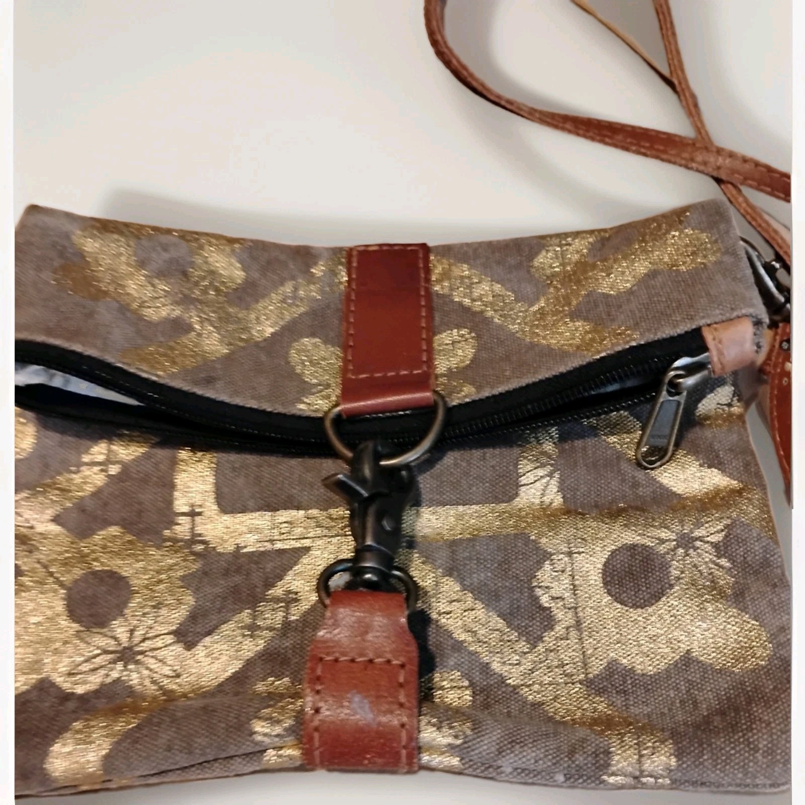 Mona B Boho Vintage Gold Floral Canvas Crossbody Bag