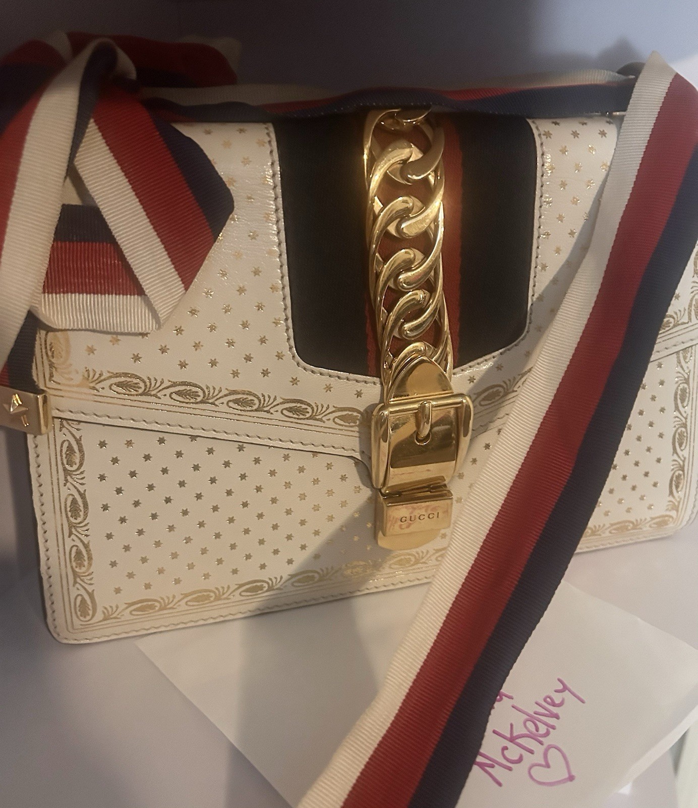 Gucci Sylvie Authentic- Small White stars- web ribbon and leather straps