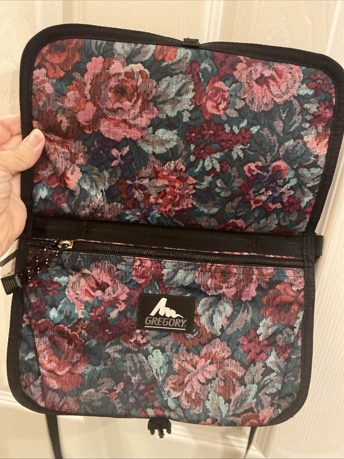Gregory Reversible Crossbody Saddle Bag Violet and Floral Tapestry Key Clip NWT