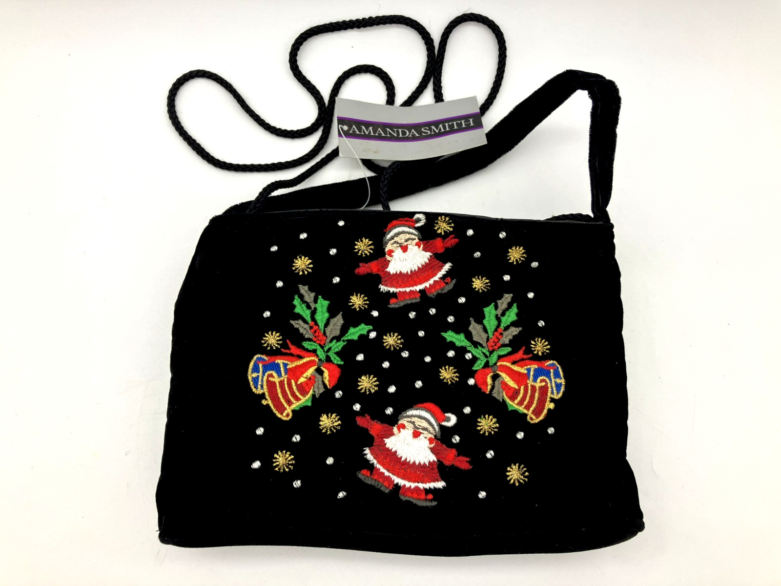 Black AMANDA SMITH Christmas Embroidered Shoulder Purse/Bag Santa Zip Close