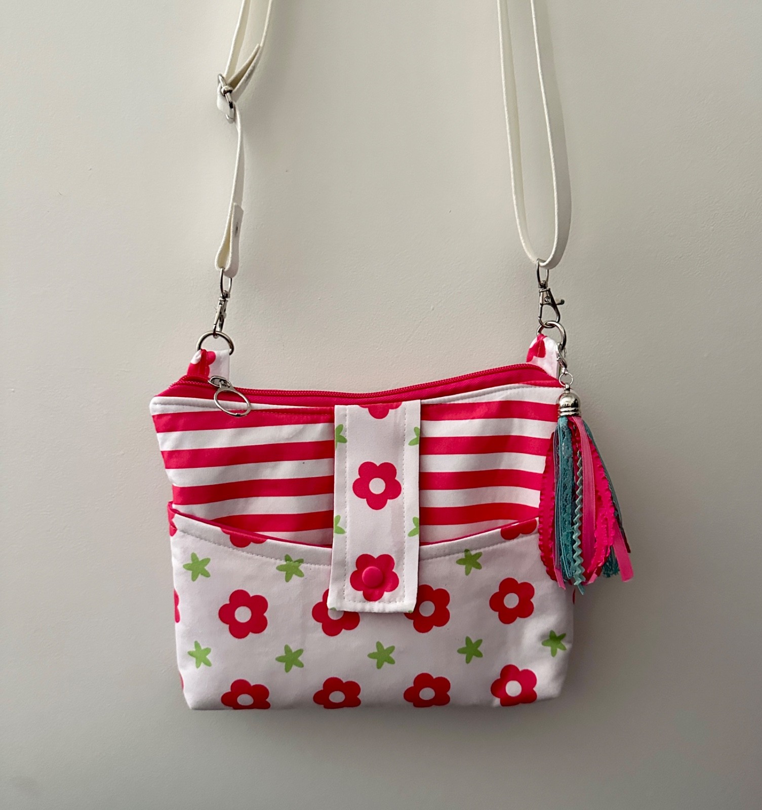Small CROSSBODY bag purse *HANDMADE* pink, stripes, polka dots, zipper, tassel