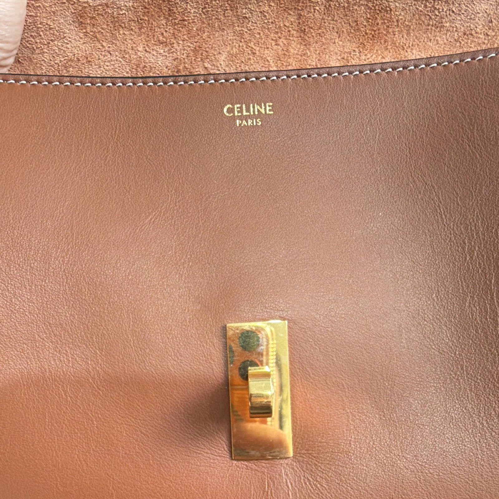 CELINE Brown Shoulder Bag Turn Lock Gold Hardware Wide Strap Inner Pockets