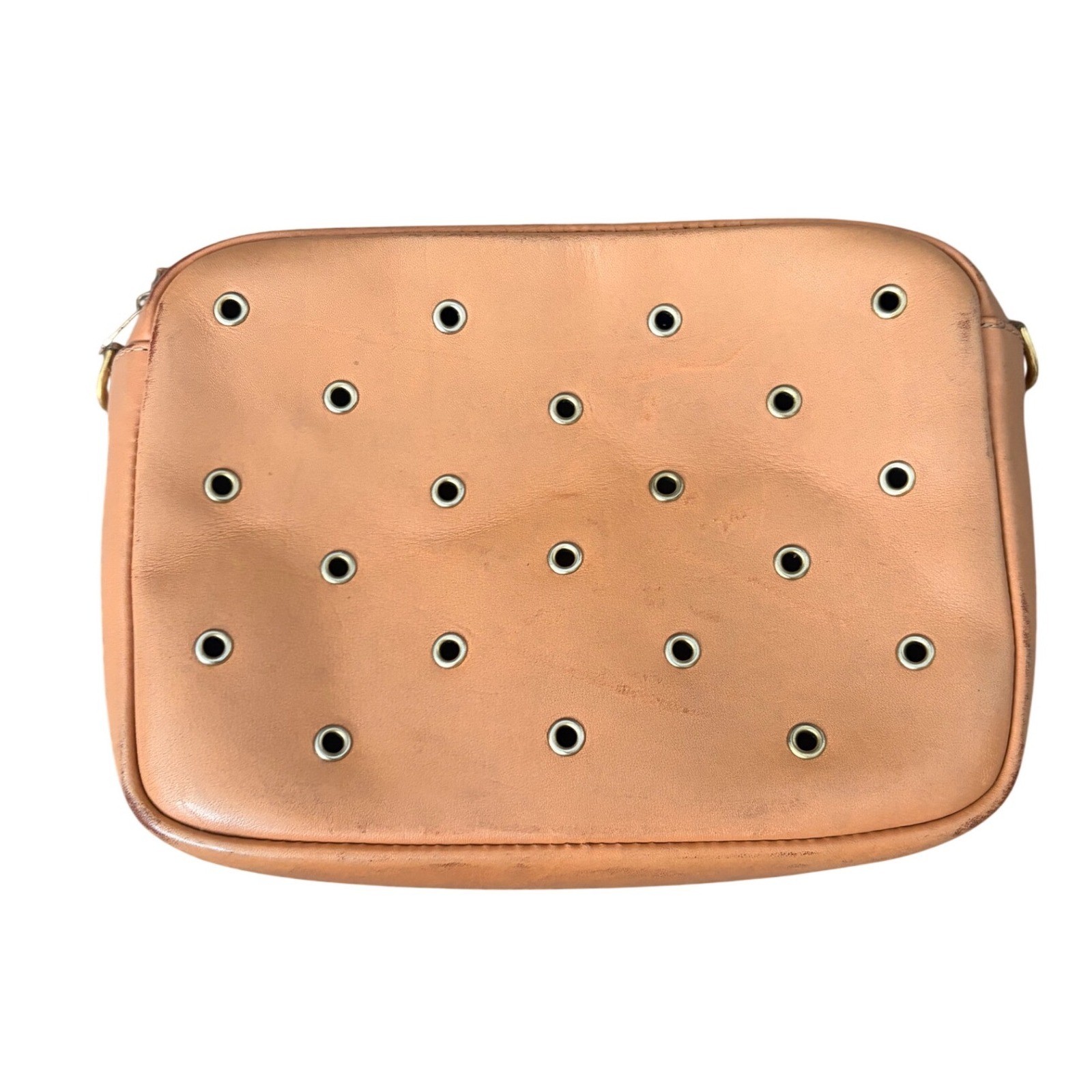 Clare V Tan Leather Grommet Perforated Crossbody Bag Clutch Tan Gold Hardware