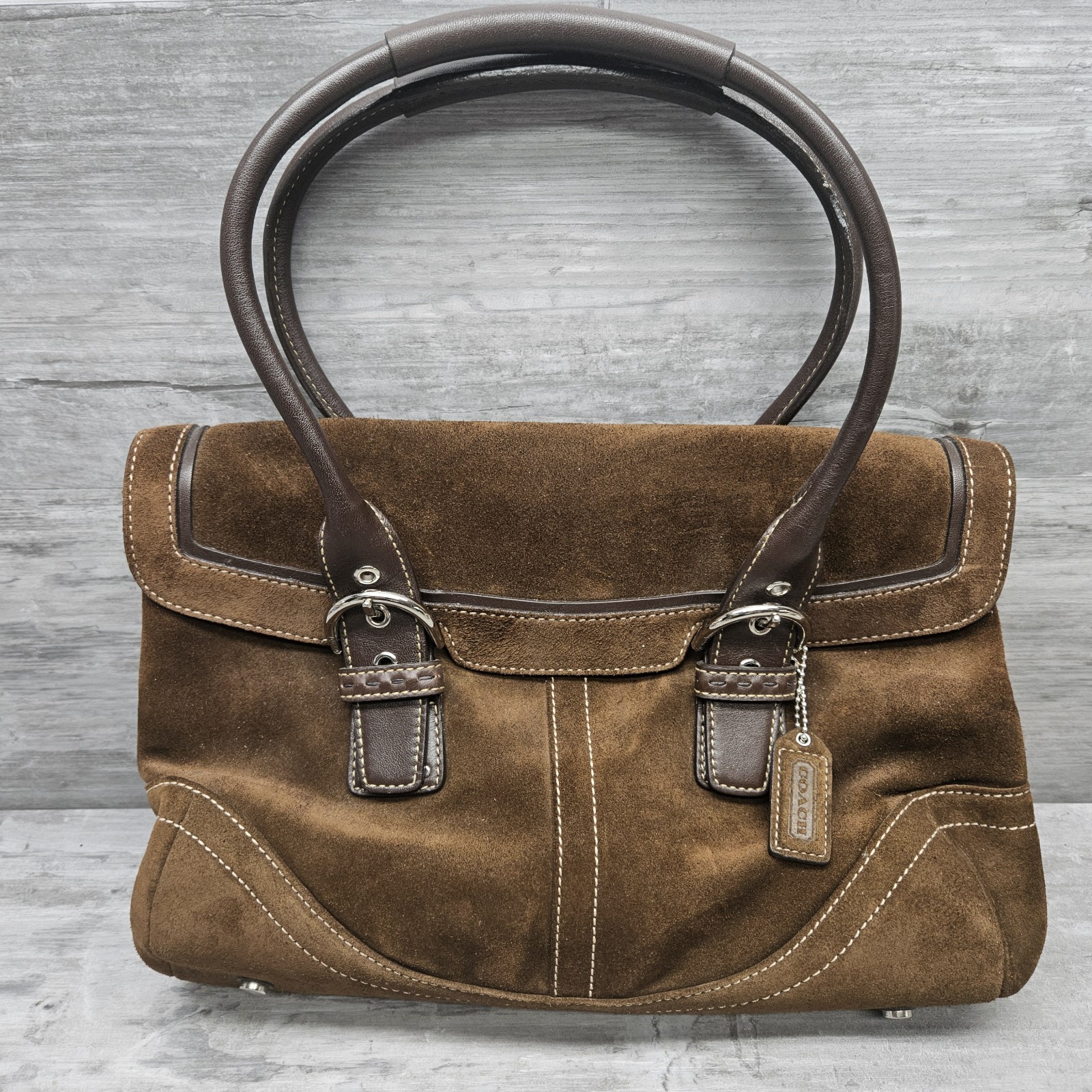 Coach Chocolate Brown Suede Tote Handbag with Leather Trim And Silver Hardware
