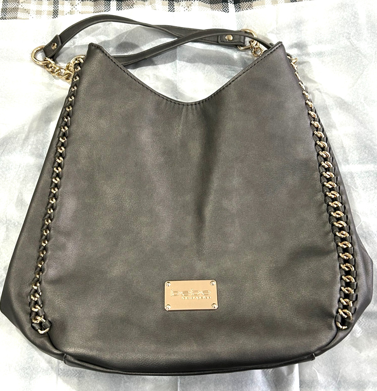 BEBE Colette Triple Entry Hobo Shoulder Bag Pewter Grey Gold Chain Hardware.