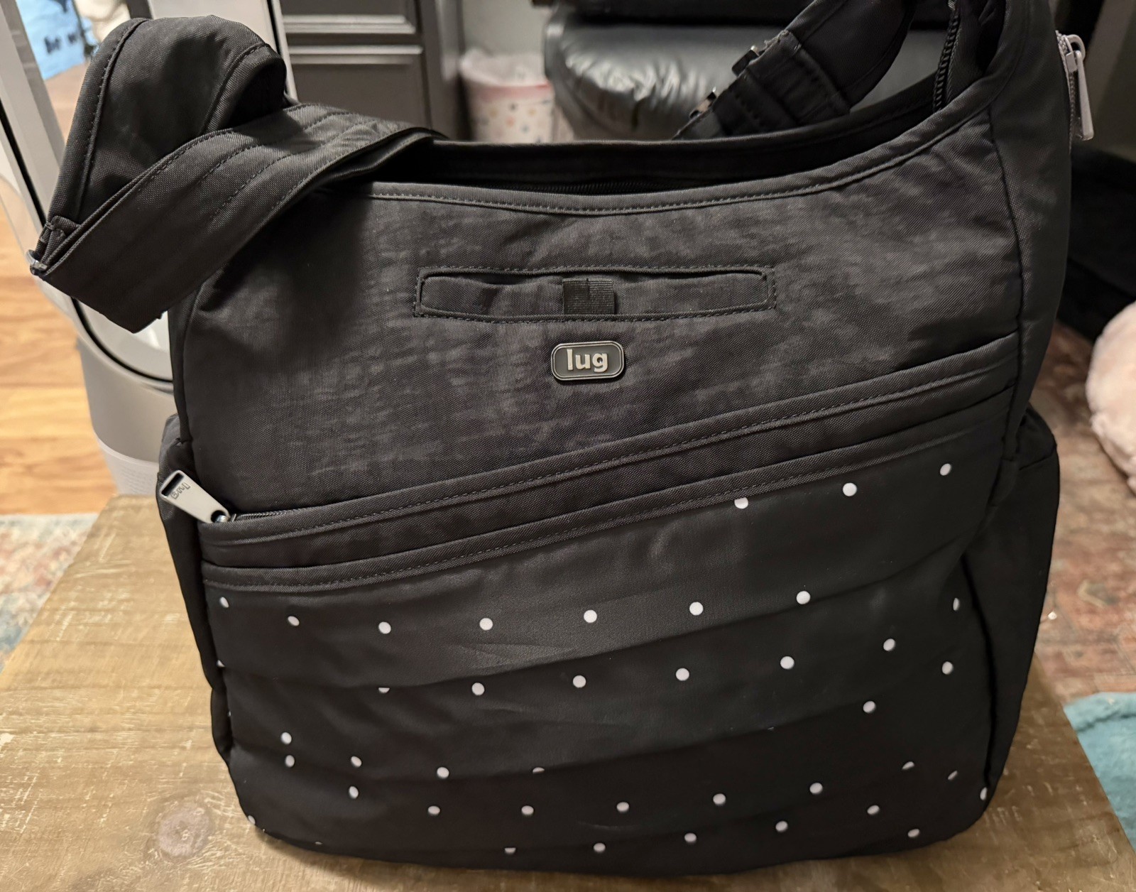 Lug Parachute Black Polka Dot Pleated Shoulder Tote Bag Travel Everyday RFID