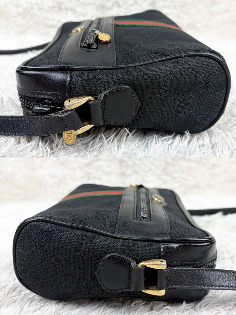 Gucci GG Canvas Web Stripe Black Shoulder Bag Gold Hardware Auth