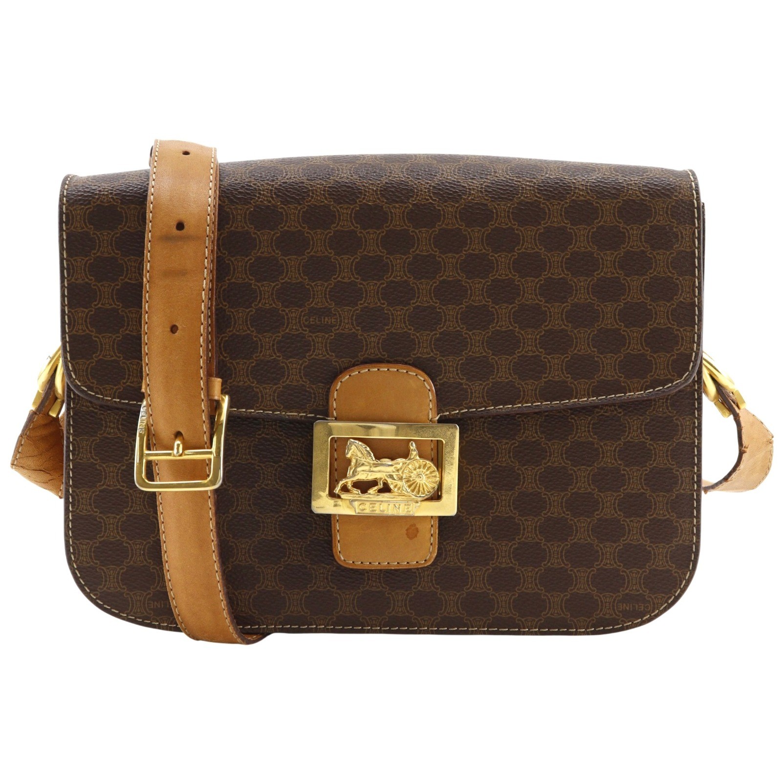 CELINE Carriage hardware Shoulder Bag Macadam Pattern vintage Brown PVC Women