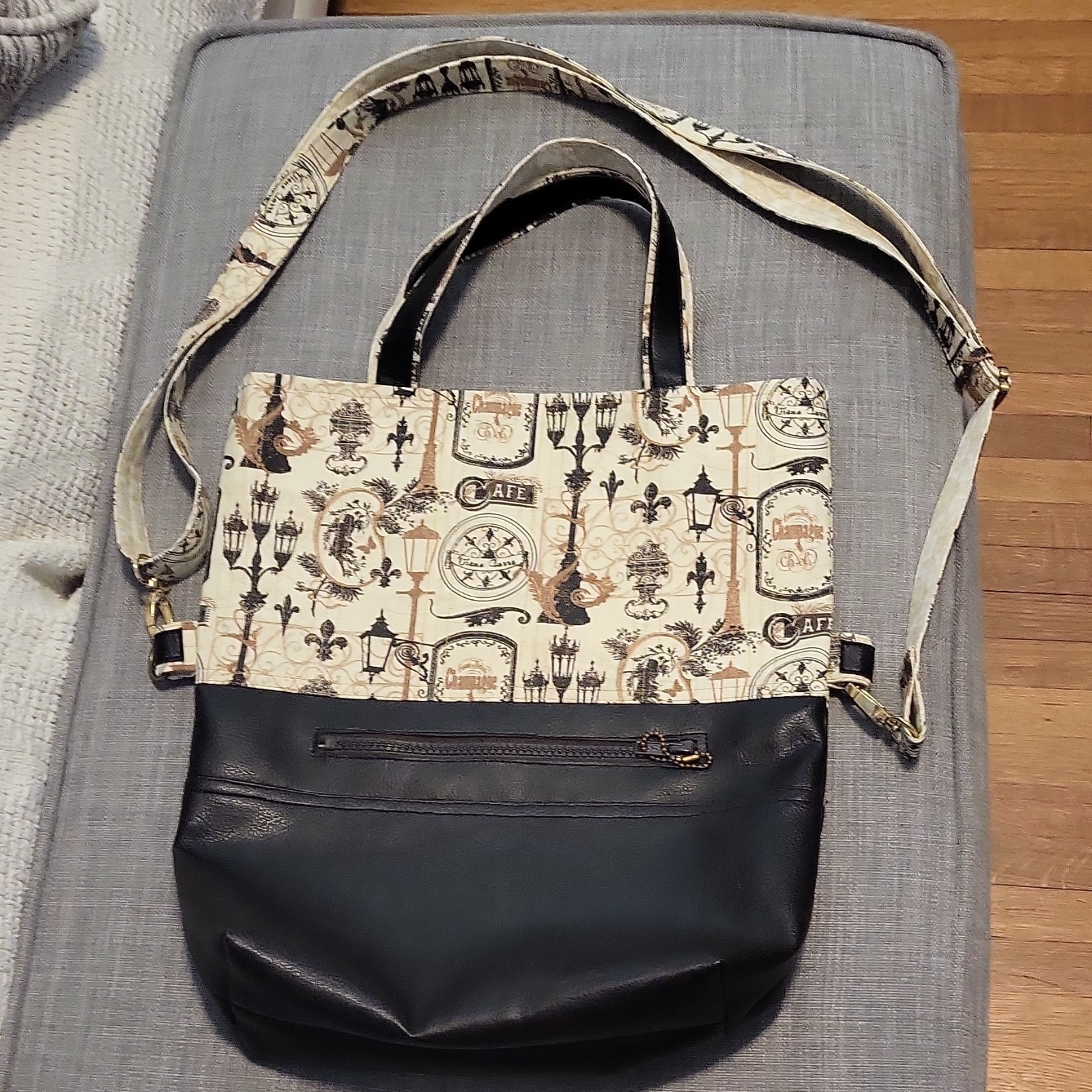 Paris Graphic Black/Ivory Crossbody Tote Zip Top Handle Detachable Strap
