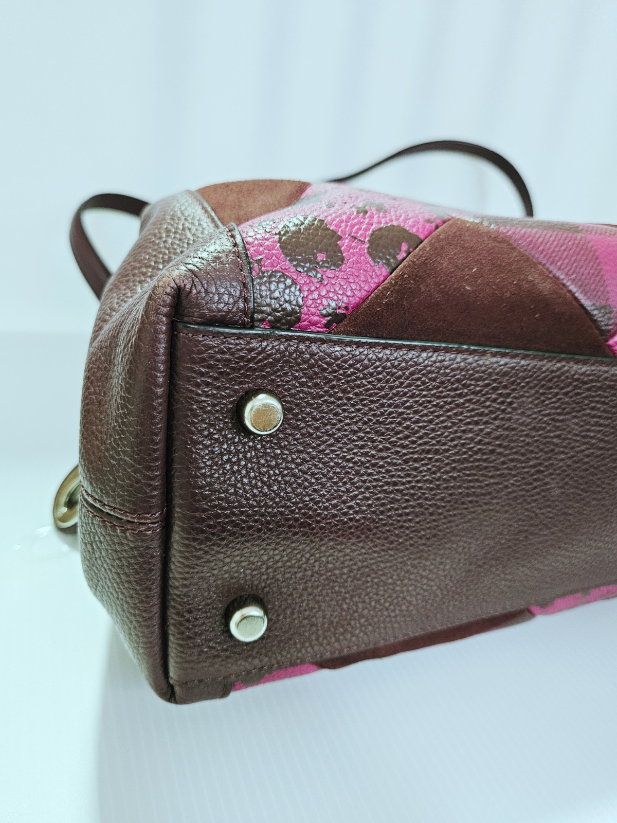 Coach Oxblood Patchwork Floral Print Edie Turn Lock Leather/Suede Shoulder Bag