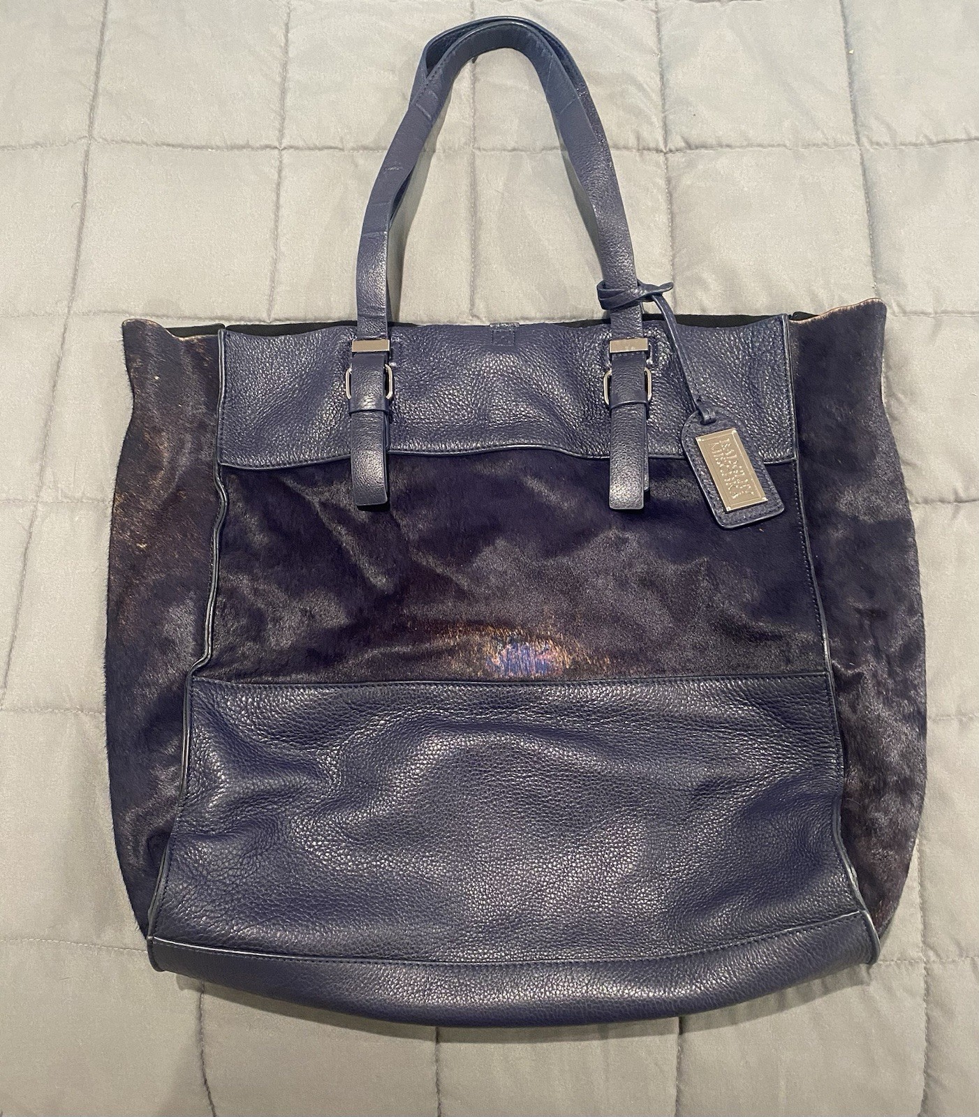 Badgley Mischka Navy Fur Trim Tote Silver Hardware Double Handles Designer