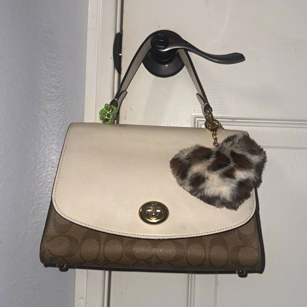 Coach Signature Logo Small Satchel Top Handle Turn Lock Zip Brown/White Charm