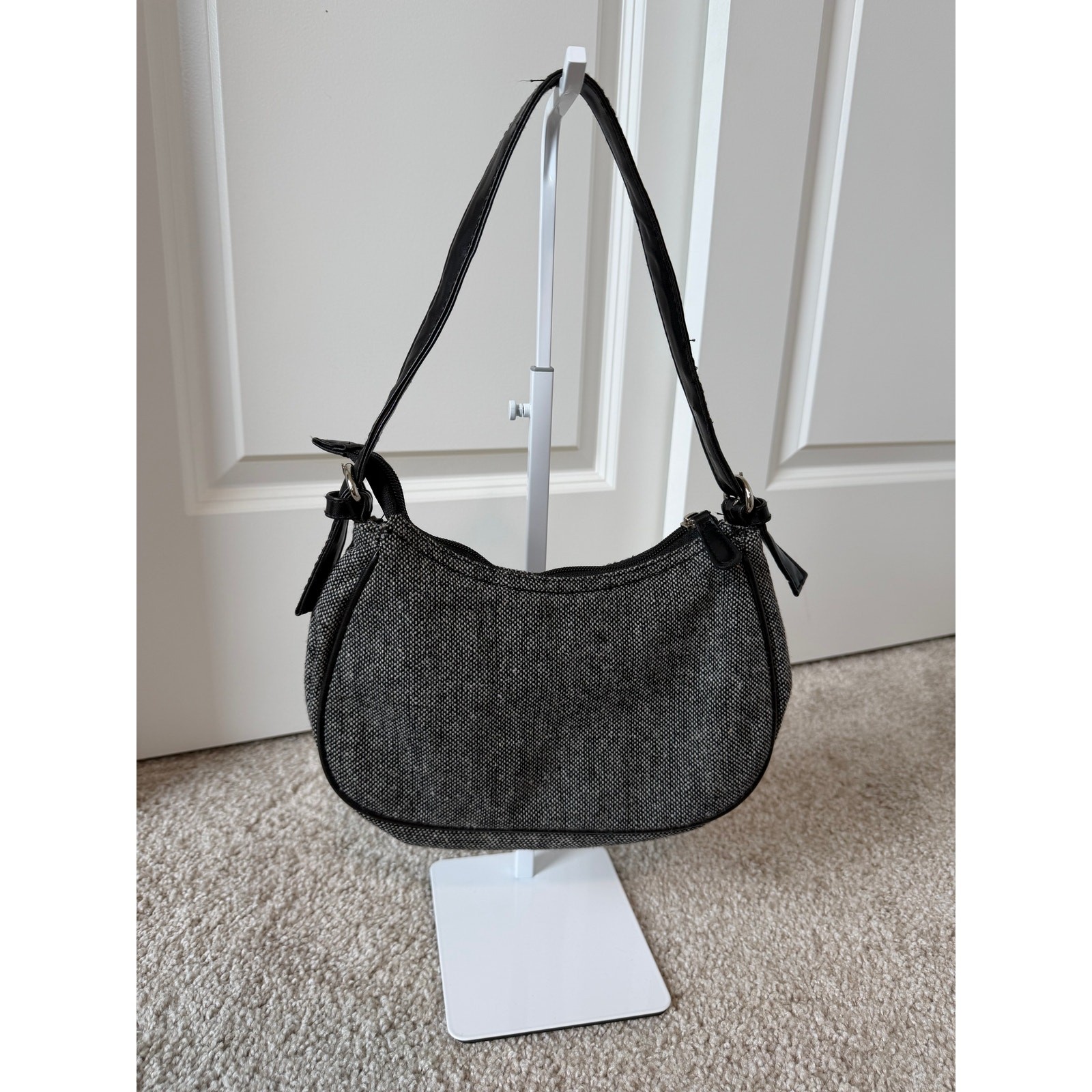 Y2K Dark Academia Black Gray Tweed Mini Shoulder Bag Baguette Purse Old Money