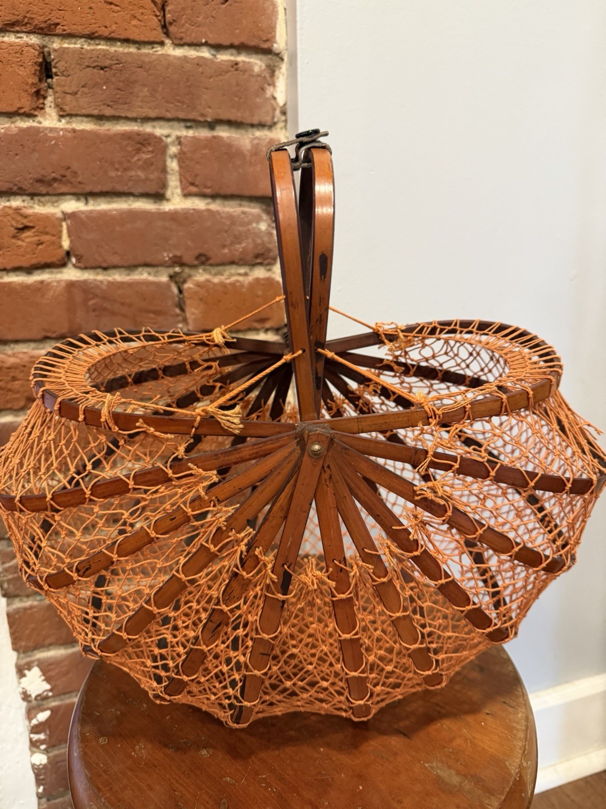 Vtg 1950s Japanese Folding Bamboo Basket Purse Orange Fishnet Collapsible Bag