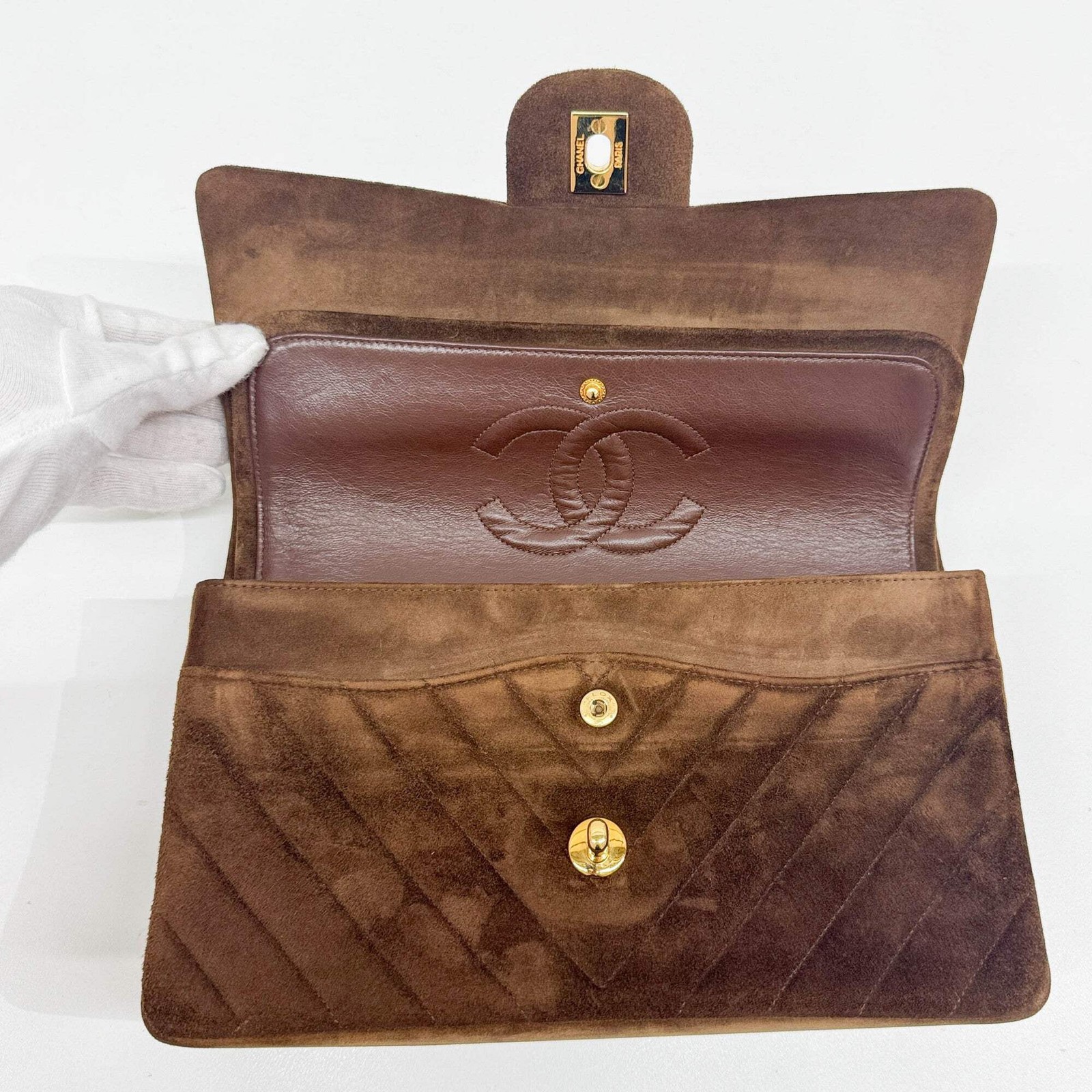 CHANEL Classic Double Flap 1991-1994 Chevron Brown Suede Shoulder Bag