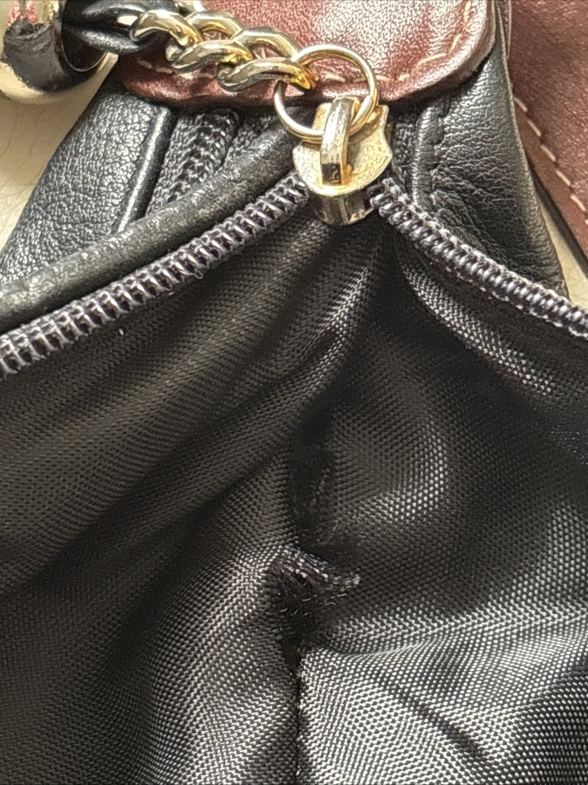 Tignanello Leather Double Zip Hobo Shoulder Bag Black with Brown Trim and Tassle