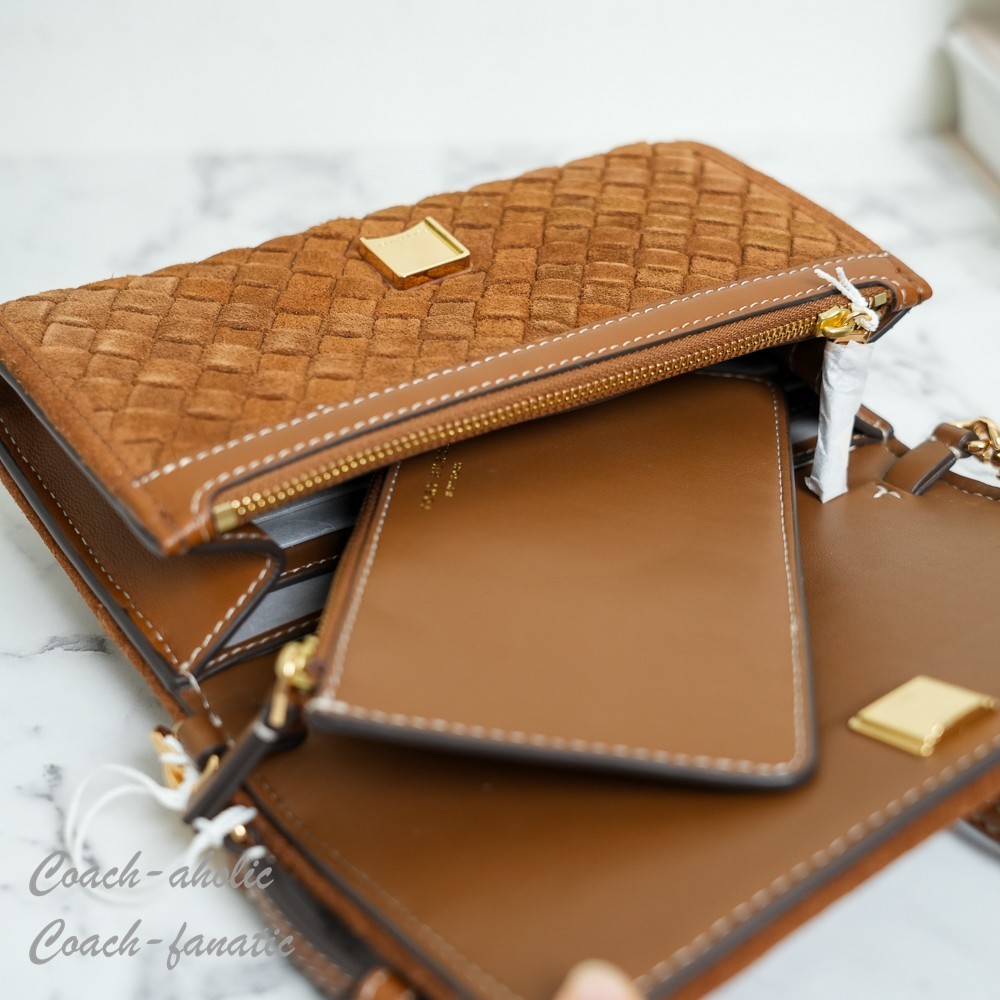 Tory Burch Thea Woven Suede Flat Wallet Crossbody in Chicory Brown NWT