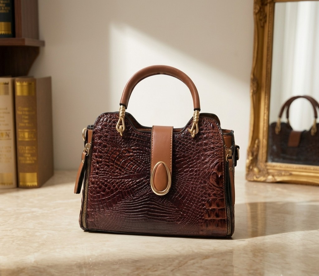 New Crocodile Embossed Top Handle Satchel Brown Alligator Print Handbag Crossbod