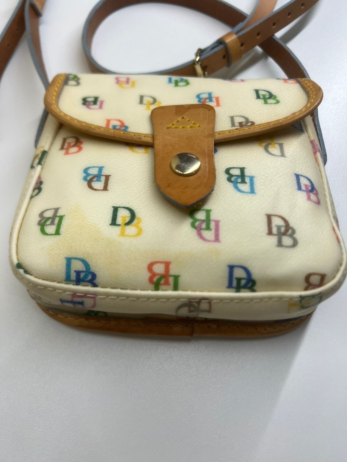 Dooney & Bourke Monogram Small Crossbody Bag Ivory Multicolor Brown Strap