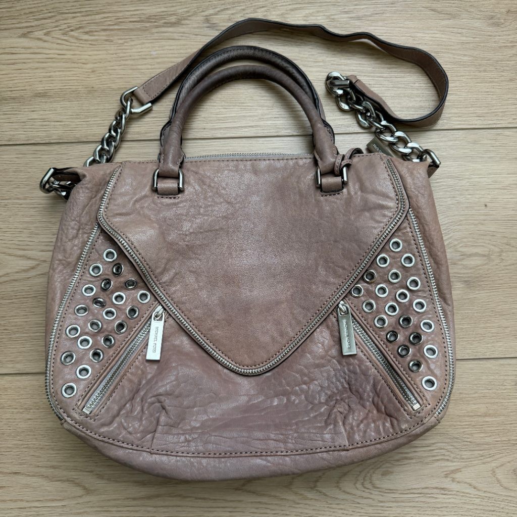 MICHAEL KORS Uptown Astor Grommet Studded Leather Satchel Bag Pink Mauve Chain