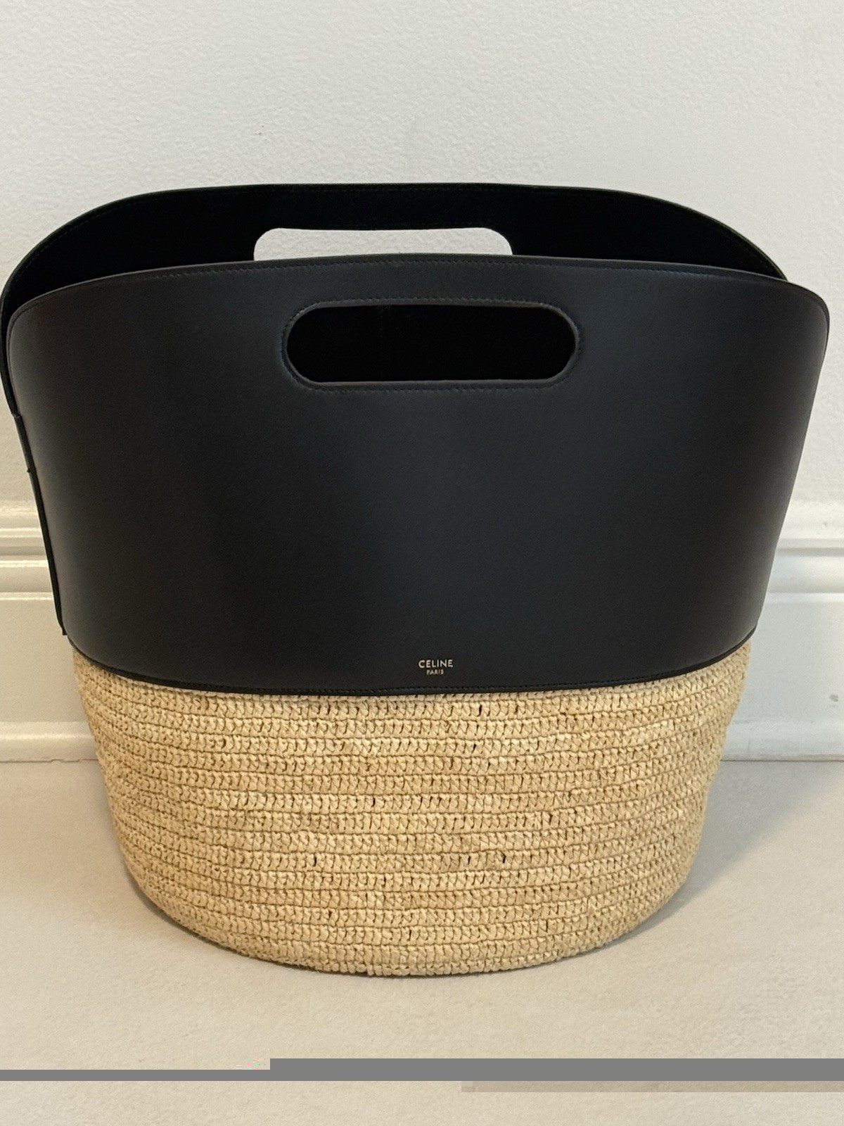 CELINE Woven Tote Bag Black/Natural Gold Hardware Top Handle Detachable Strap